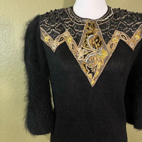 Vintage 80's L Bead Embroidered Pullover Sweater Black Angora Sleeve Maximalist - Picture 2 of 6